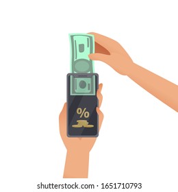 Cashback Concept. Withdraw Money From Online Wallet Account, Bank Service. Input Dollar Bill. Comision For Transfer From Credit Card. Currency Fee. Expensive Services. Isolated Vector Illustration