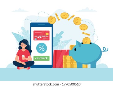 Cashback concept - woman with smartphone, money goes in a piggybank. Vector illustration in flat style