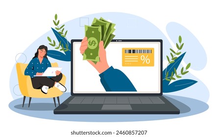 Cashback concept with a woman using a tablet next to a large laptop screen with a hand holding cash, representing online earnings, on a light abstract background, vector illustration