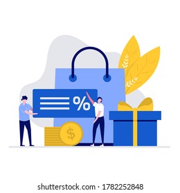 Cashback and customer loyalty program vector illustration concept with characters, a big shopping bag and discount voucher. Modern flat style for landing page, web banner, infographics, hero images.