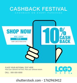 Cashback design template or layout for digital promotion or Shop now and get 10% Cash Back