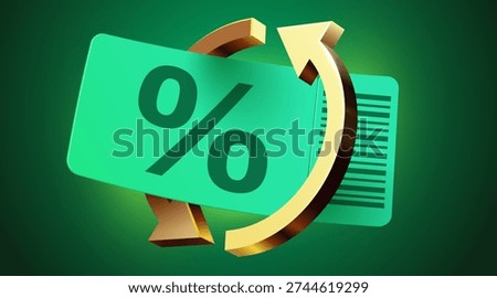 Cashback or discount program with green card and golden arrow, depicting loyalty rewards or return offers. Vector illustration.