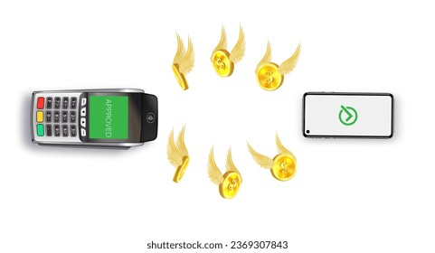 Cashback Flying golden coin with golden wings isolated on a white flying telephone. 3D Vector illustration