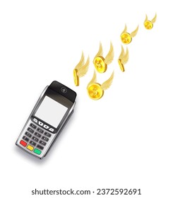 Cashback Flying golden coin with golden wings isolated on a white flying terminal. 3D Vector