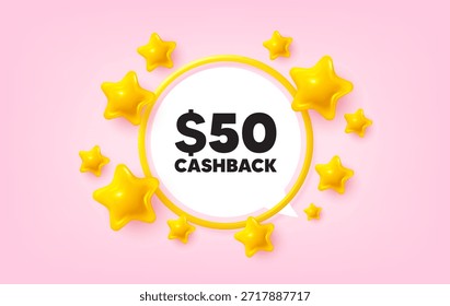 Cashback frame banner. Speech bubble offer. 50 Usd cashback. Money back offer sign. Cash back promo symbol. 3d stars glitter tag. Golden frame banner. Vector