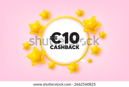 Cashback frame banner. Speech bubble offer. 10 Eur cashback. Money back offer sign. Cash back promo symbol. 3d stars glitter tag. Golden frame banner. Vector