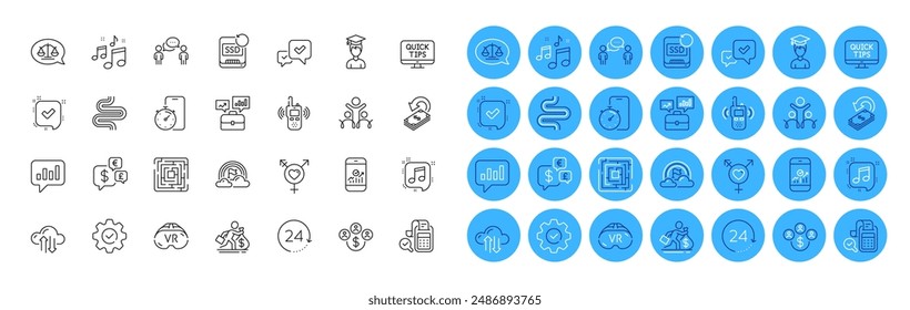 Cashback, Genders and Smartphone statistics line icons pack. Lgbt, Music, Execute web icon. Salary, Web tutorials, Transmitter pictogram. Consulting business, Analytical chat, Vr. Vector