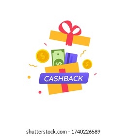 Cashback gift box. Dollar and coins. Vector