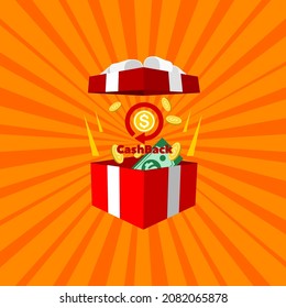 Cashback Gift Box. Grand Concept Of Opening Gift Box Getting Cash Back. Vector Illustration. 