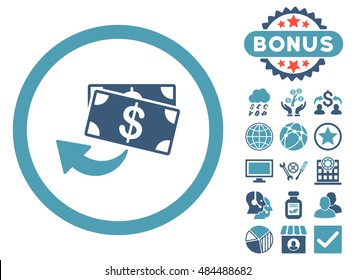Cashback icon with bonus images. Vector illustration style is flat iconic bicolor symbols, cyan and blue colors, white background.