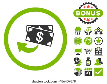 Cashback icon with bonus images. Vector illustration style is flat iconic bicolor symbols, eco green and gray colors, white background.