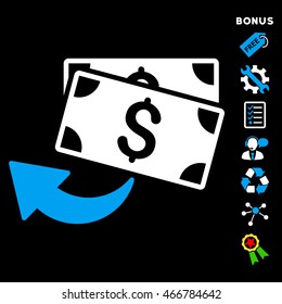 Cashback icon with bonus pictograms. Vector illustration style is flat iconic bicolor symbols, blue and white colors, black background, rounded angles.