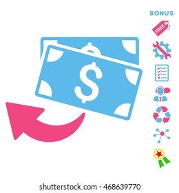 Cashback icon with bonus pictograms. Vector illustration style is flat iconic bicolor symbols, pink and blue colors, white background, rounded angles.