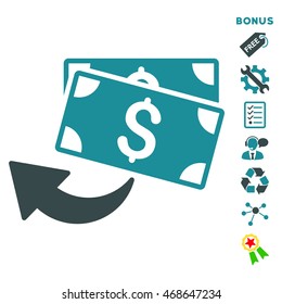 Cashback icon with bonus pictograms. Vector illustration style is flat iconic bicolor symbols, soft blue colors, white background, rounded angles.