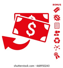 Cashback icon with bonus pictograms. Vector illustration style is flat iconic symbols, red color, white background, rounded angles.