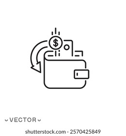 cashback icon, cash back rebate, return money, thin line symbol concept isolated on white background, editable stroke eps 10 vector illustration