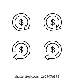 Ícone de reembolso. Vetor de reembolso definido. Fluxo de caixa de devolução de dinheiro. Projeto de linha financeira. Conjunto de ícones de dinheiro de cashback.