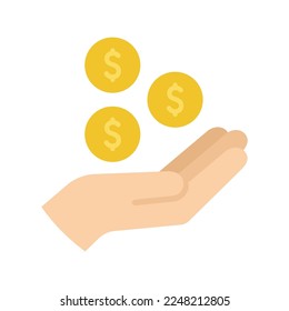 Cashback icon. Coins falling in hand. Return money, cash back rebate. Vector illustration.