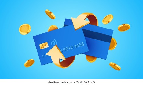 Cashback icon with credit card isolated on blue background. Cashback or money back label. Vector illustration