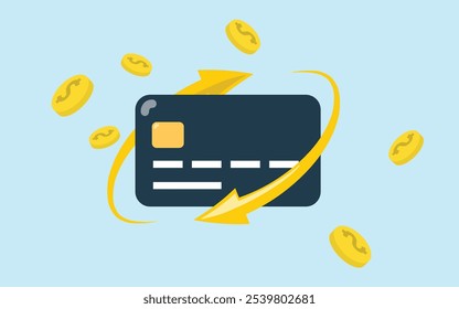 Cashback icon with credit card isolated on blue background. Cashback or money back label. Vector illustration.