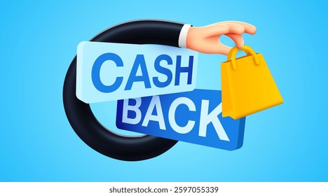 Cashback icon with hand holding shopping bag. Cashback or money back label. Vector illustration