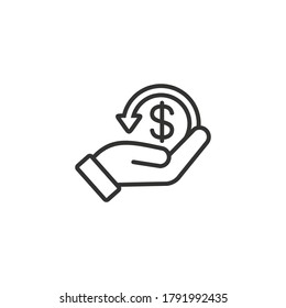 cashback icon in line style, return money vector isolated on white background, money cashback business concept,