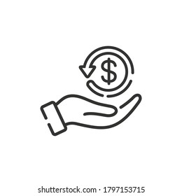 cashback icon in line style, return money vector isolated on white background, money cashback business concept,