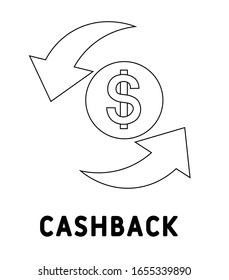 Cashback icon. Refund vector illustration. Money back business symbol. Cash return pay concept. Payment sign. Guarantee satisfaction banner. Coin with arrow image. Bank buy reward element.