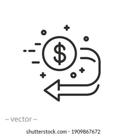 cashback icon, return money, cash back rebate, refund cost buy, financial guarantee, thin line web symbol on white background - editable stroke vector illustration eps10