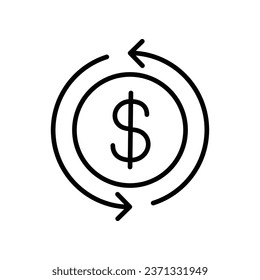 Cashback icon, return money. Cash back rebate, Reinvest earning, chargeback, Dollar coin with arrow, credit payment tax exchange simple thin line Vector illustration Design, white background EPS10