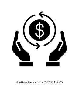 Icono de Cashback, devuelve dinero. Dos manos sosteniendo con el dinero que el dólar devuelve. ahorra dinero. icono de inversión financiera. invertir financiamiento. estilo sólido Ilustración vectorial Diseño en fondo blanco. EPS10