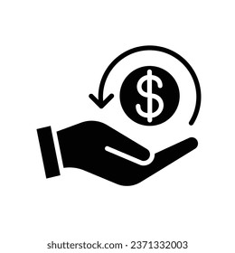 Icono de Cashback, devuelve dinero. Dos manos sosteniendo con el dinero que el dólar devuelve. ahorra dinero. icono de inversión financiera salarial. invertir financiamiento. estilo sólido Ilustración vectorial Diseño en fondo blanco. EPS10