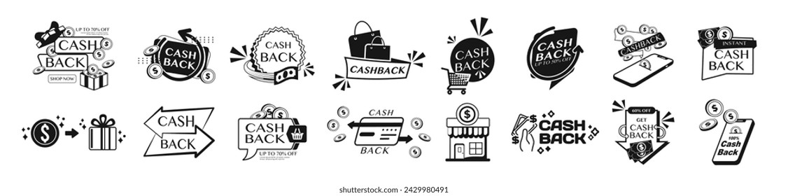 Cashback icon set. Cash back rebate, Return money, Financial services, return on investment, money refund. Money transaction vector sign