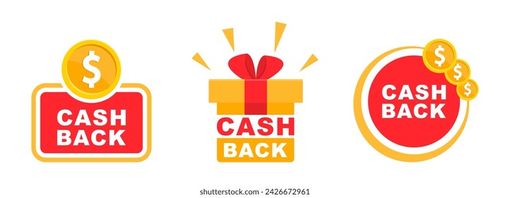 Juego de iconos de Cashback. Programa de fidelización de reembolso. Etiqueta de reembolso de dinero. Servicio de devolución de dinero para el programa de socios. Icono de bonificación de reembolso. Ilustración vectorial.