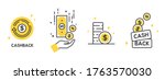 Cashback icon set, Return money, Cash back rebate, Financial services, money refund, return on investment, savings account, currency exchange. Mobile payment for purchases. line symbol. Vector.