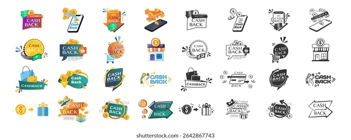Cashback Icon Set. Return Money, Cash Back Rebate, Financial Services, Refund, Savings, Currency Exchange, Mobile Payment. Vector Illustration on Transparent Background