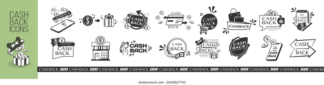 Cashback Icon Set. Return Money, Cash Back Rebate, Financial Services, Refund, Savings, Currency Exchange, Mobile Payment. Vector Illustration on Transparent Background