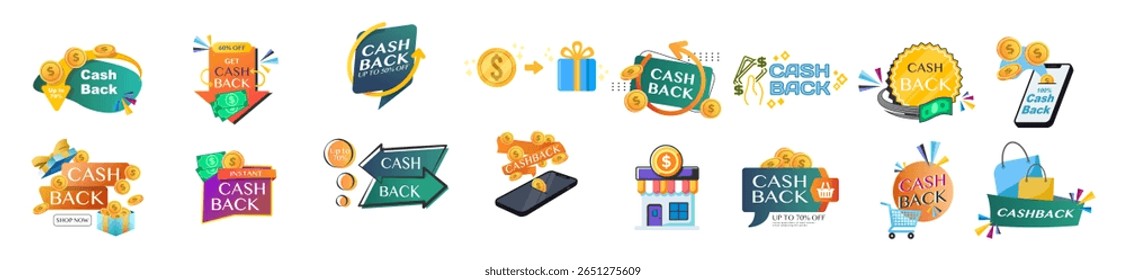 Cashback Icon Set. Return Money, Cash Back Rebate, Financial Services, Refund, Savings, Currency Exchange, Mobile Payment. Vector Illustration on Transparent Background