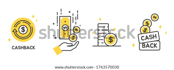 Cashback icon set, Return money, Cash back\
rebate, Financial services, money refund, return on investment,\
savings account, currency exchange. Mobile payment for purchases.\
line symbol. Vector.