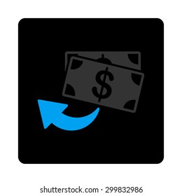 Cashback icon. This flat rounded square black button uses gray and blue colors and isolated on a white background.