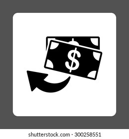 Cashback icon. This flat rounded square button uses black and white colors and isolated on a gray background.