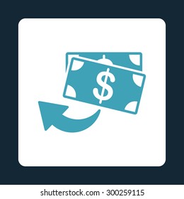 Cashback icon. This flat rounded square button uses blue and white colors and isolated on a dark blue background.