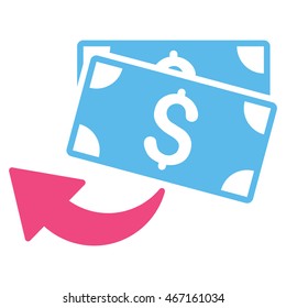 Cashback icon. Vector style is bicolor flat iconic symbol with rounded angles, pink and blue colors, white background.