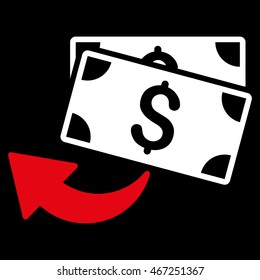 Cashback icon. Vector style is bicolor flat iconic symbol with rounded angles, red and white colors, black background.