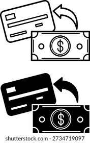 Cashback Icons. Glyph and Line Vector Illustrations. Dollar Bill and Bank Card. Partial Refund for Purchase. Payment Concept
