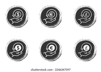 Cashback icons. Return money. Hand hold coin. Dollar, euro, pound sterling symbols. Business icon. Flat vector illustration.