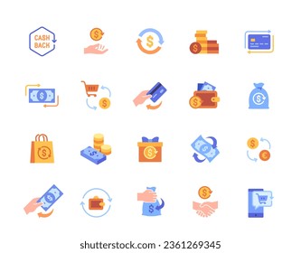 Cashback icons set. Colorful stickers with finances and wallet with coins, gift money and credit cards, currency exchange and savings account. Cartoon flat vector isolated on white background