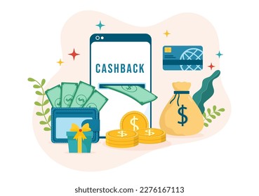 Cashback Illustration with Financial Payment to Money Cash Back Service for a Buyer in Flat Cartoon Hand Drawn for Landing Page Templates