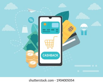 Cashback illustration. Phone, bank cards, cashback button, money and shopping basket. A paper airplane that symbolizes money that is returned as interest on purchases