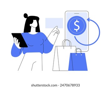 Cashback isolated cartoon vector illustrations. Smiling girl with phone getting a chargeback, cashback loyalty program, retail marketing, shopping with benefits, happy client vector cartoon.